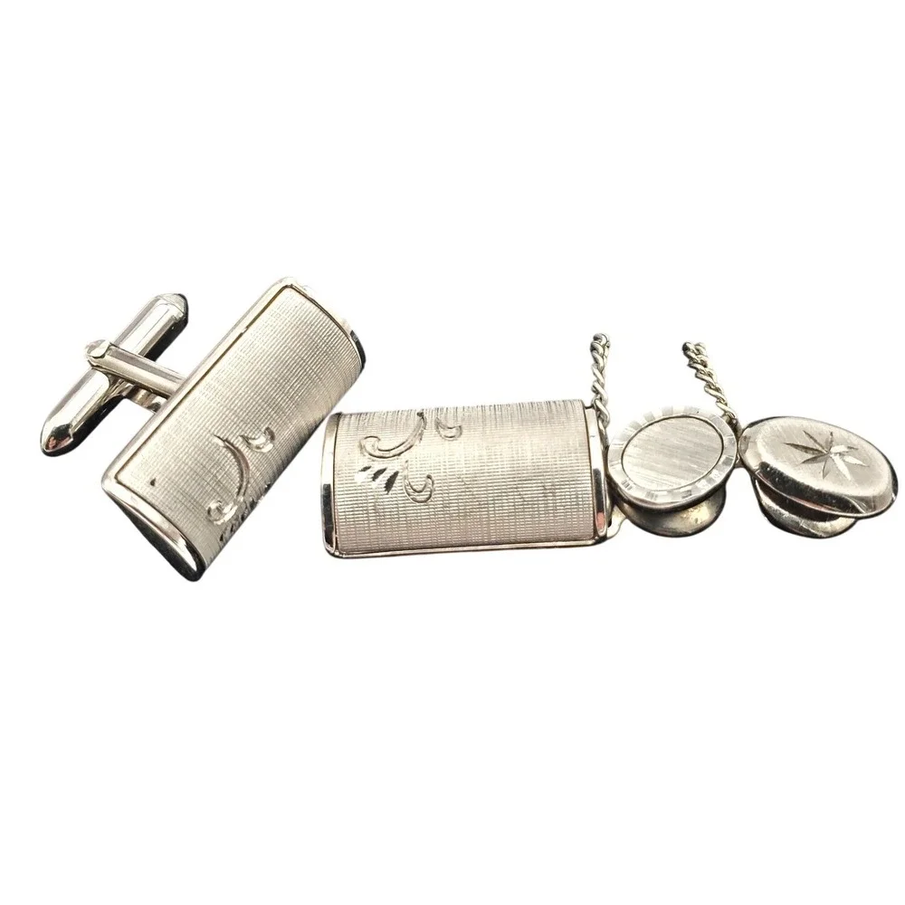 Swank Cufflinks & Tie Tacks Brushed Silver Tone Etched Domed Vintage Lapel Pins